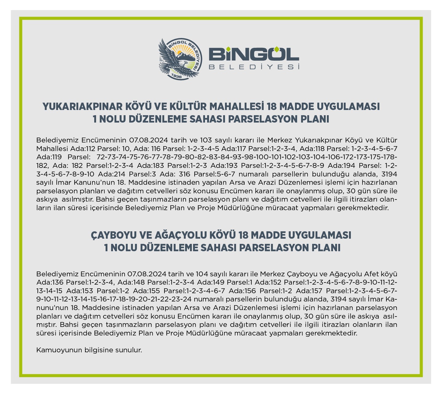 YUKARIAKPINAR KÖYÜ VE KÜLTÜR MAHALLESİ 18 MADDE UYGULAMASI  1 NOLU DÜZENLEME SAHASI PARSELASYON PLANI